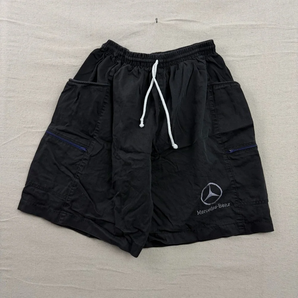 Mercedes-Benz Cargo Shorts Mens S Black Embroidered Logo Elastic Waist Utility‎